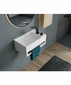 BERNSTEIN Lavabo Mural PB2078 En Pierre Solide (Solid Surface) - 50 X 30 X 20 Cm - Blanc Mat - Avec Porte-serviettes Intégré