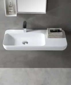 BERNSTEIN Lavabo Mural / Vasque à Poser TWG202 En Solide Surface (Solid Stone) - Blanc Mat - 90x40x12cm