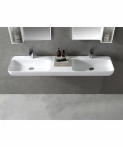 BERNSTEIN Double Vasque à Poser Ou Pour Montage Mural TWG205 En Pierre Solide (Solid Stone) - Blanc Mat - 150x40x12cm