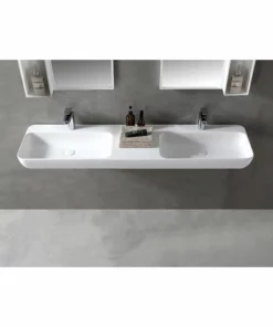 BERNSTEIN Double Vasque à Poser Ou Pour Montage Mural TWG205 En Pierre Solide (Solid Stone) - Blanc Mat - 150x40x12cm -BERNSTEIN Shop 10583278 3