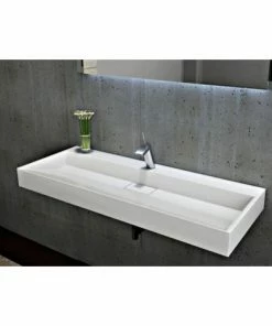 BERNSTEIN Lavabo Mural / Lavabo à Poser En Marbre Artificiel BS6001 - Blanc Brillant - Largeur Sélectionnable: 50cm - Sans Trou Prépercé