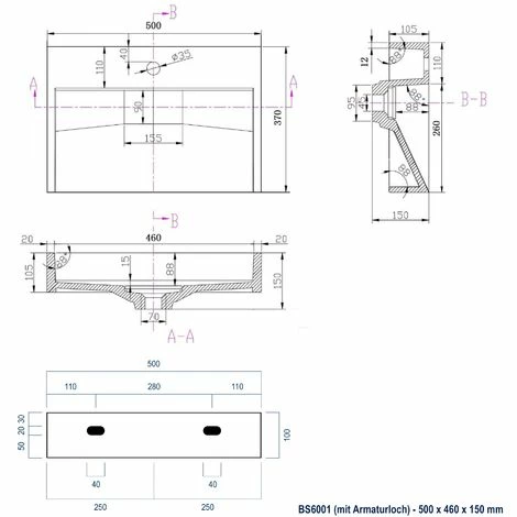 BERNSTEIN Lavabo Mural / Lavabo à Poser En Marbre Artificiel BS6001 - Blanc Brillant - Largeur Sélectionnable: 50cm - Sans Trou Prépercé 7 BERNSTEIN Lavabo Mural / Lavabo à Poser En Marbre Artificiel BS6001 - Blanc Brillant - Largeur Sélectionnable: 50cm - Sans Trou Prépercé – Image 5