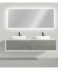 BERNSTEIN Ensemble De Salle De Bain En Bois MDF Fiona 1800 Blanc Mat - Façade Aspect Béton - Miroir Et Vasque En Option: Avec Miroir LED 2073, Sans Cache Supplémentaire, Sans Vasque à Poser