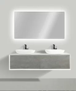 BERNSTEIN Ensemble De Salle De Bain En Bois MDF Fiona 1600 Blanc Mat - Façade Aspect Béton - Miroir Et Vasque En Option: Avec Miroir LED 2073, Sans Cache Supplémentaire, Sans Vasque à Poser