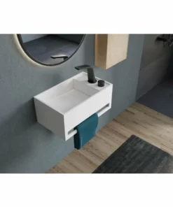 BERNSTEIN Lavabo Mural PB2078 En Pierre Solide (Solid Surface) - 50 X 30 X 22 Cm - Blanc Mat - Avec Porte-serviettes Intégré