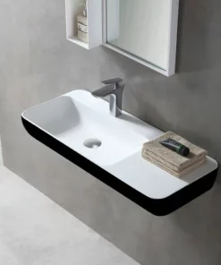 BERNSTEIN Lavabo Mural / Vasque à Poser TWG202 En Solide Surface (Solid Stone) - Noir/blanc Mat - 90x40x12cm