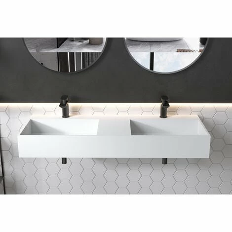 BERNSTEIN Double Vasque Murale En Solid Surface TWG231 - Blanc Mat - Largeur Sélectionnable: 122 Cm 6 BERNSTEIN Double Vasque Murale En Solid Surface TWG231 - Blanc Mat - Largeur Sélectionnable: 122 Cm – Image 4