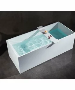 BERNSTEIN Baignoire îlot En Pierre Solide (Solid Surface) LUNA Blanc Mat + Bonde Pop Up 170x72cm - Robinetterie En Option: Sans Robinet Mitigeur, Sans Siphon