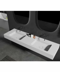 BERNSTEIN Double Vasque Murale BA8015 En Solid Surface - 153 X 45 X 12 Cm - Couleur Au Choix - Console Métallique En Option: Blanc Mat, Sans Console Métallique