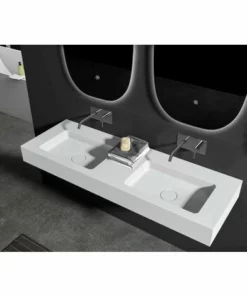 BERNSTEIN Double Vasque Murale BA8013 En Solid Surface - 133 X 45 X 12 Cm - Couleur Au Choix - Console Métallique En Option: Blanc Mat, Sans Console Métallique