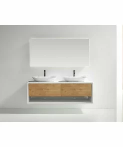 BERNSTEIN Meuble De Salle De Bains Fiona Open Storage Blanc Mat 1400 - Façade Effet Chêne - Colonne De Rangement, Vasque Et Miroir En Option: Sans Miroir, Sans Meuble Mural, Sans Cache Supplémentaire, Sans Vasque à Poser