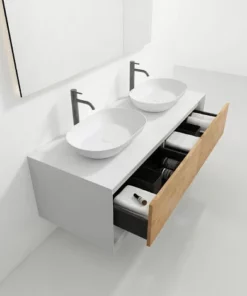 BERNSTEIN Meuble De Salle De Bains Fiona Open Storage Blanc Mat 1400 - Façade Effet Chêne - Colonne De Rangement, Vasque Et Miroir En Option: Sans Miroir, Sans Meuble Mural, Sans Cache Supplémentaire, Sans Vasque à Poser -BERNSTEIN Shop 59215367 3