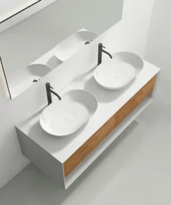 BERNSTEIN Meuble De Salle De Bains Fiona Open Storage Blanc Mat 1400 - Façade Effet Chêne - Colonne De Rangement, Vasque Et Miroir En Option: Sans Miroir, Sans Meuble Mural, Sans Cache Supplémentaire, Sans Vasque à Poser -BERNSTEIN Shop 59215367 4