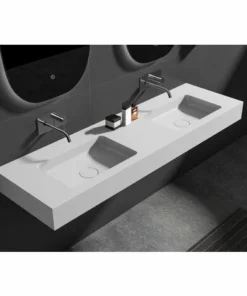 BERNSTEIN Double Vasque Murale BA8016 En Solid Surface - 165 X 45 X 12 Cm - Couleur Au Choix - Console Métallique En Option: Blanc Mat, Sans Console Métallique